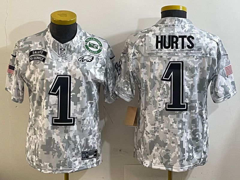 Women Philadelphia Eagles 1 Hurts Camo Nike 2025 Salute to Service Limited NFL Jersey style 6